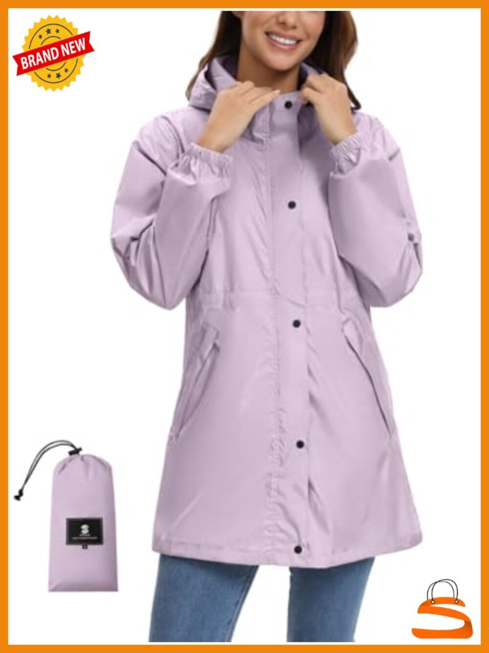 SaphiRose Lightweight Packable Waterproof Rain Jacket Hood Trench Raincoat